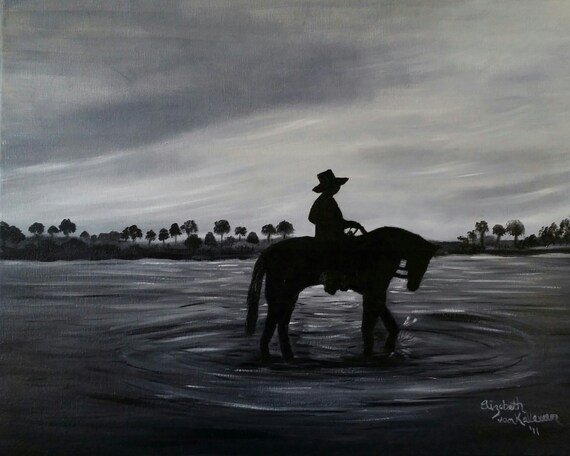 Man on Horse an Original Oil on canvas 20x16x1 in Black and White