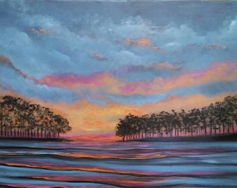Sunset on the Lake an Original Oil in full color on 36x24x1 canvas