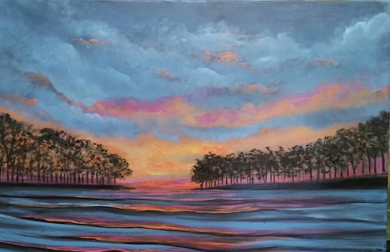 Sunset on the Lake an Original Oil in full color on 36x24x1 canvas