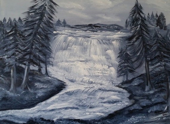Yosemite Waterfall an Original Oil on canvas 24x18x1 in Black and White