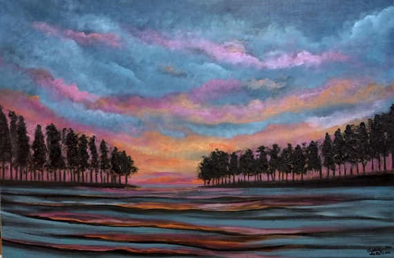 Iridescent Sunset on a Lake an Original Oil in full color on 36x24x1 canvas