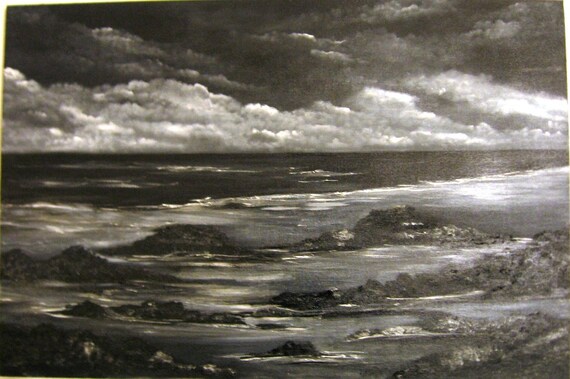 Cloudy Ocean at Dusk an Original Oil in black and white on 36x24x1 canvas