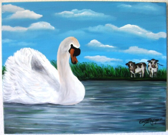 Swan out for a Swim an Original Oil in full color on 20x16x1 canvas