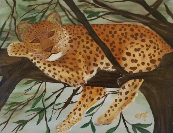 Baby Cheetah in a Tree, an Original Oil in full color on 20x16x1 canvas