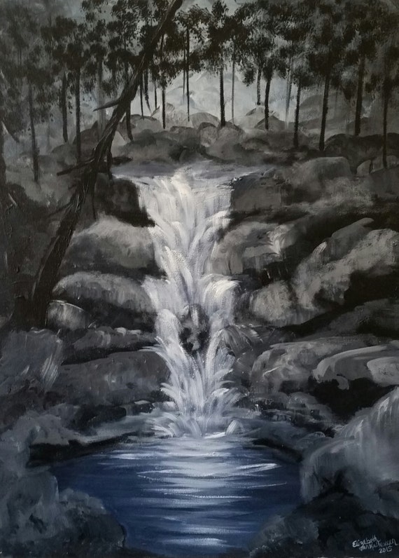 Waterfall in the Forrest an Original Oil in black and white on 24x18x1 canvas