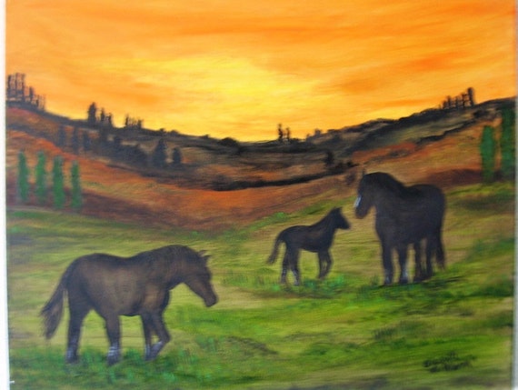 Grazing Horses at Sunset an Original Oil in full color on  20x16x1 canvas