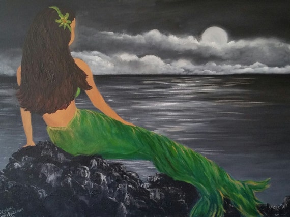 Mermaid Watching a Cloudy Sunset an Original Oil in full color on 24x18x1 canvas