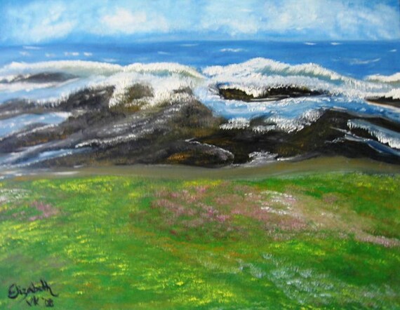 Waves on the Rocks an Original Oil in full color on 20x16x1 canvas