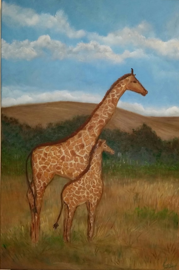 Mother and baby Giraffe an Original Oil in full color on 24x36x1 canvas
