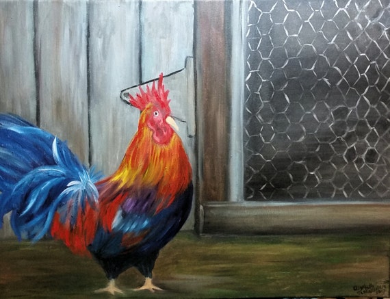 Rooster on Patrol, Original Oil in full color on 24x18x1 canvas
