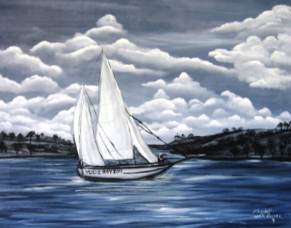 Sailing Day an Original Oil on canvas 20x16x1 in Black and White