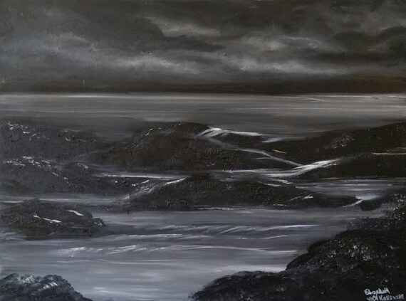 Sunset on a Cloudy Day an Original Oil on 24x18x1 canvas in Black and White