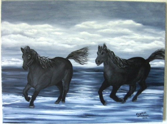 Running in the Surf an Original Oil on canvas 24x18x1 in Black and White