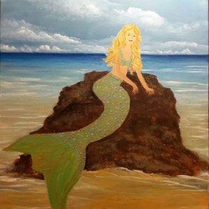 Mermaid on a Rock,  An Original Oil in full color on 16x20x1 canvas