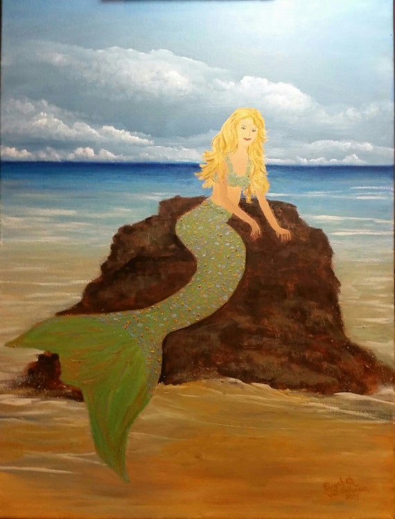 Mermaid on a Rock,  An Original Oil in full color on 16x20x1 canvas
