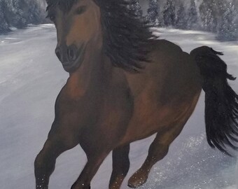Galloping Horse in Snow, Original Oil Painting