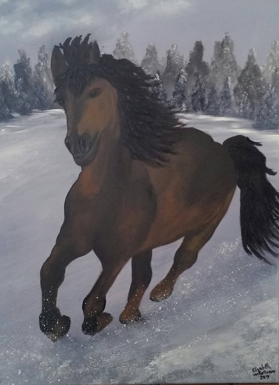 Galloping Horse in Snow, Original Oil Painting