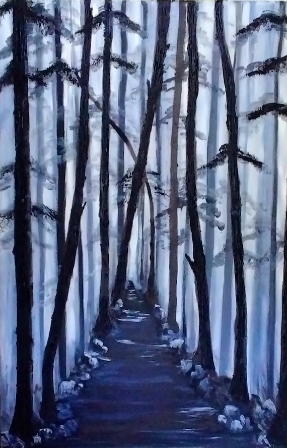 Foggy Redwood Walk, an Original Oil on canvas 36x24x1 in Black and White