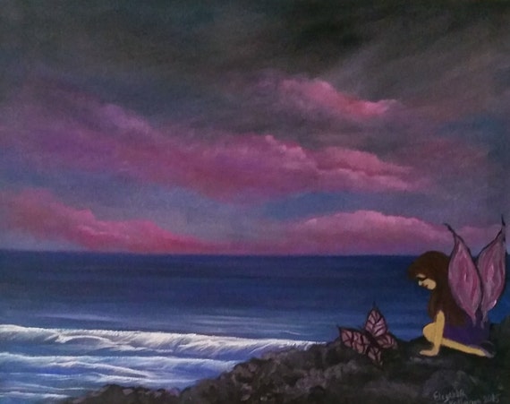 Fairy and Butterfly at the ocean, an Original Oil in full color on 20x16x1 canvas