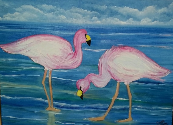 DONATED...but I can paint for you! Pink Flamingos at the Beach an Original Oil in full color on  24x18x1 canvas