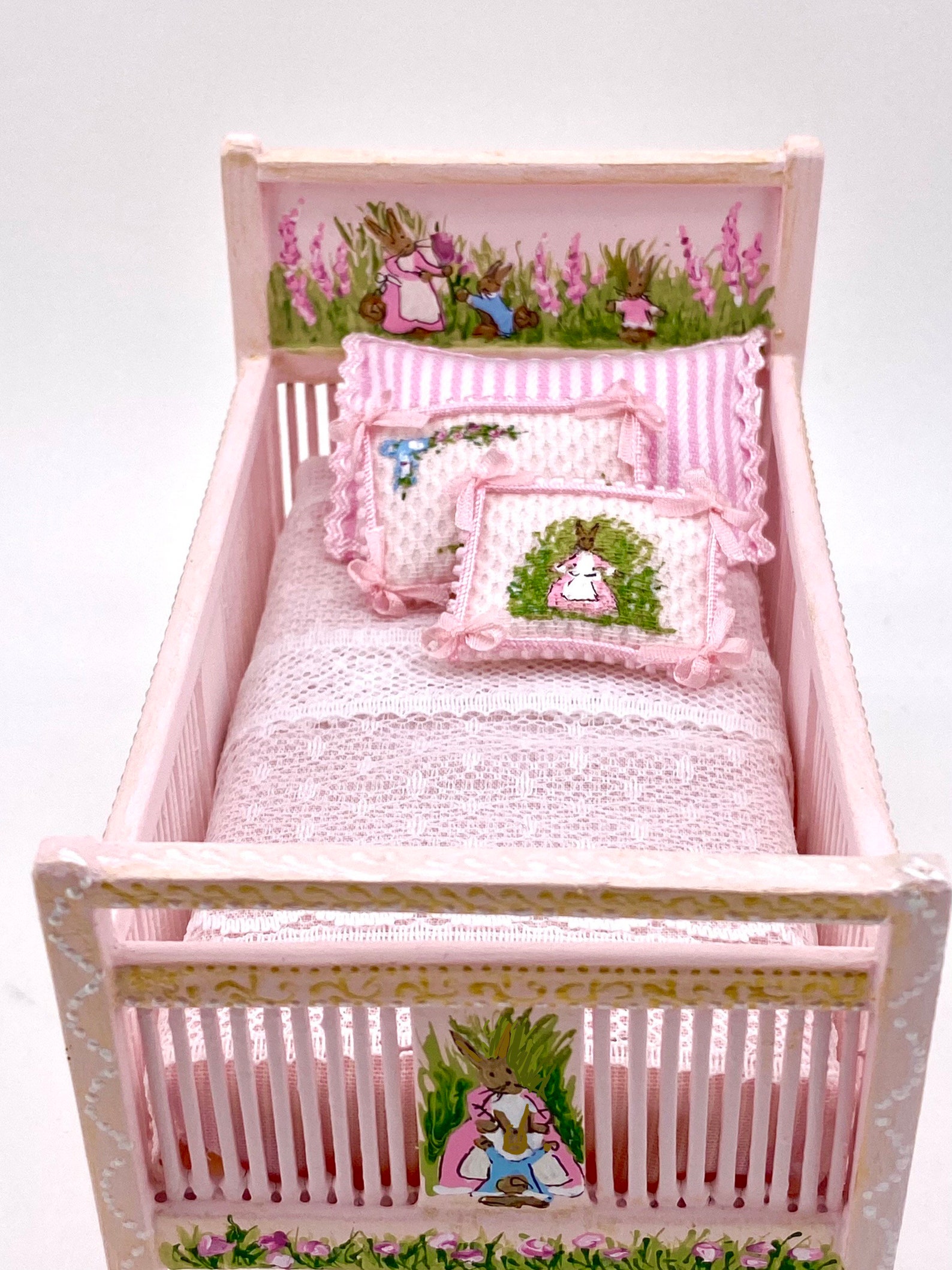 Hand painted baby crib sold with all the cushions as seen in Etsy