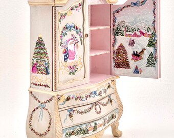 Magnificent hand-painted polychrome style Christmas furniture with Christmas details. Classic Christmas Collection.