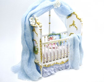 Hand-painted baby crib in a soft blue tone. Forest Fairies Collection. Scale 1.12