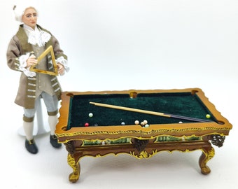 Beautiful hand-painted walnut pool table, sold with billiard accessories as seen in the photo.