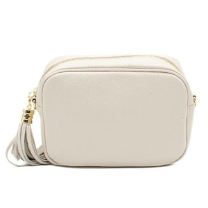 Personalisierbare Beige Umhängetasche aus Leder, Echtleder, Monogramm mit Name/Initialen oder Emoji