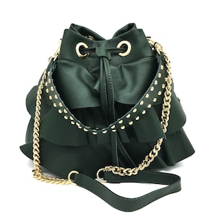 Bucket Green genuine leather bag with crossbody strap