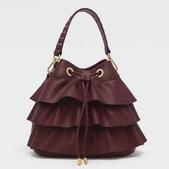 Burgundy Leather Ruffle Bucket Bag, Italian Crossbody Shoulder Purse