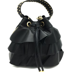 Bucket Black genuine leather bag with crossbody strap
