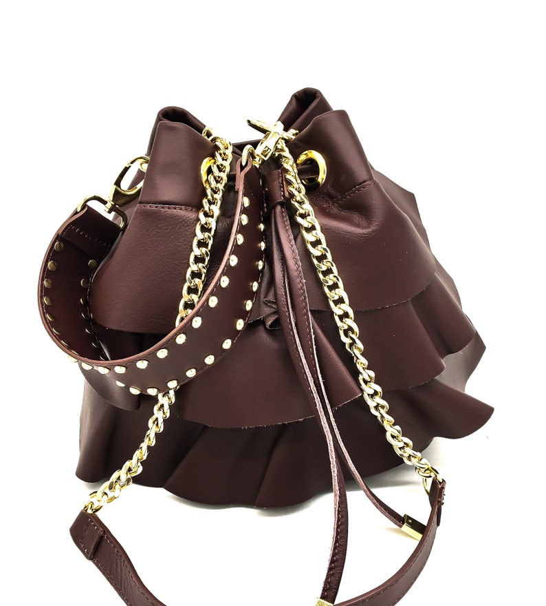 Burgundy Leather Ruffle Bucket Bag, Italian Crossbody Shoulder Purse image 4