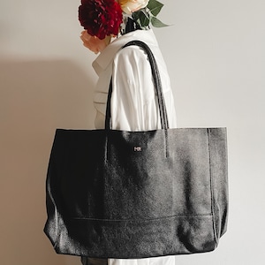 Monogramed Tote Leather Bag | Shopper Black Leather Bag | Italian Leather