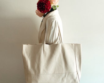 Monogramed Tote Leather Bag | Shopper Beige Leather Bag | Italian Leather