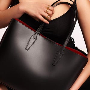 Bolso tote de piel negro con monograma / Bolso shopper de piel negro / Cuero italiano