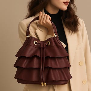 May include: A deep burgundy bucket bag featuring three horizontal ruffled tiers, a drawstring closure with gold-toned metal eyelets, and a single top handle attached with gold-toned hardware. The bag has a textured finish and long drawstring pulls.