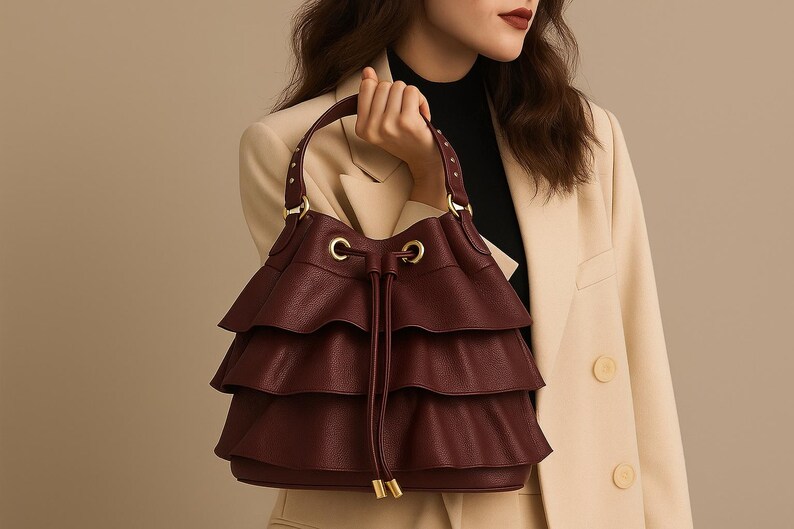 May include: A deep burgundy bucket bag featuring three horizontal ruffled tiers, a drawstring closure with gold-toned metal eyelets, and a single top handle attached with gold-toned hardware. The bag has a textured finish and long drawstring pulls.