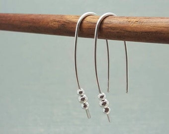 Tiny Sterling silver dangle earrings, three bead silver drop, recycled silver earrings, Custom made, Handmade in the UK