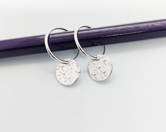 Sterling silver star earrings, huggy hoops, silver dangle earrings small coin hoops, everyday summer earrings, handmade in the UK