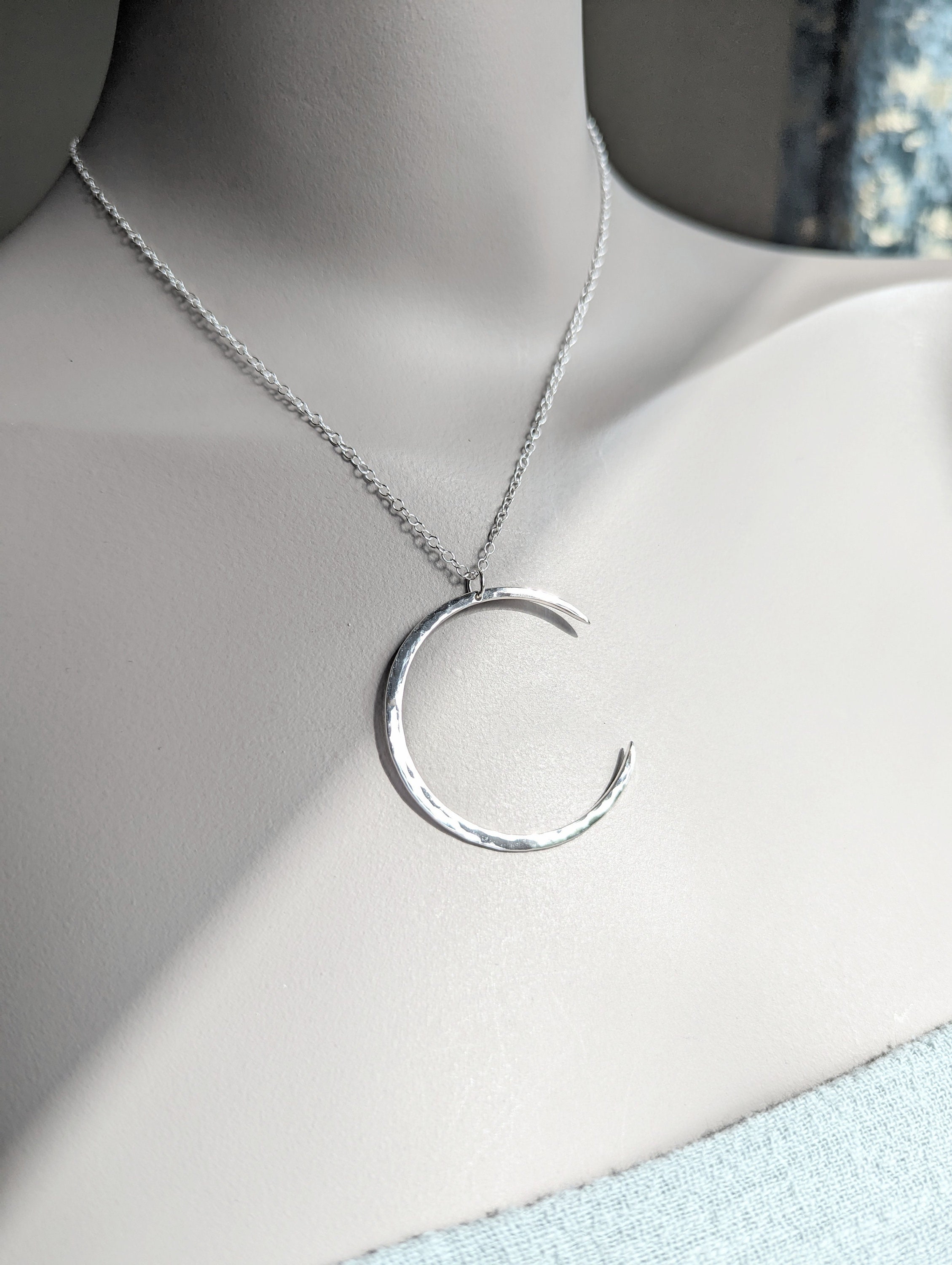 Sterling Silver Crescent Moon Necklace - Large 4 Cm Hammered Moon ...