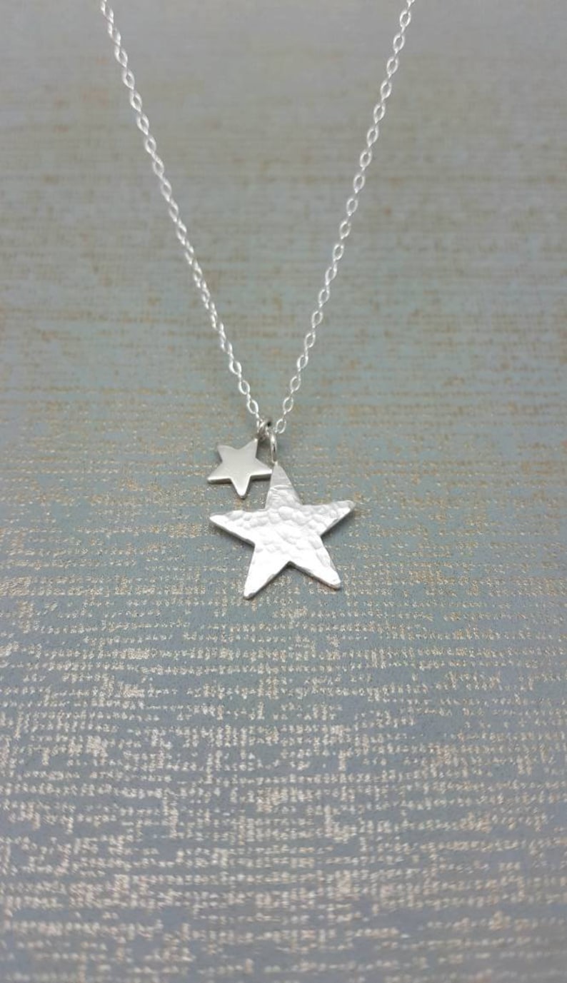 Sterling Silver Star Necklace Hammered Star Pendant Two Star Etsy Uk