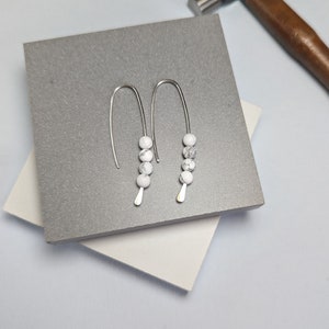 Long sterling silver drop earrings, dangle and drop Recycled Eco Silver, white stone earrings, handmade in UK image 8