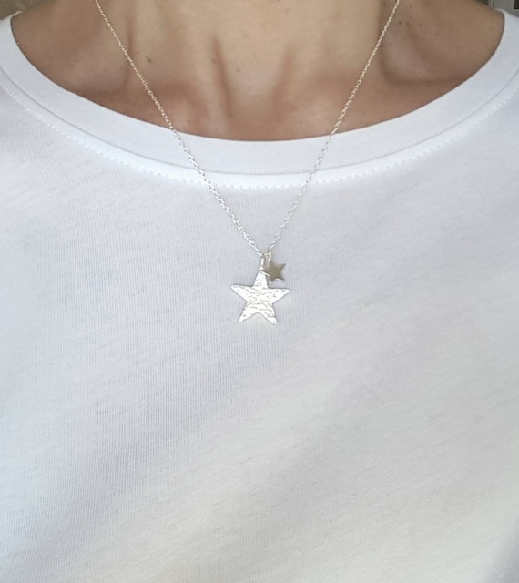 Sterling Silver Star Necklace, Hammered Star Pendant, Two