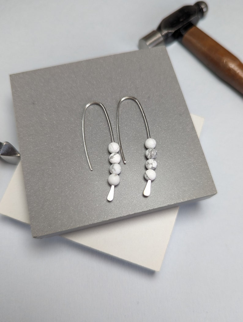 Long sterling silver drop earrings, dangle and drop Recycled Eco Silver, white stone earrings, handmade in UK image 5