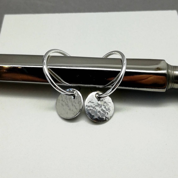Hammered coin hoops, 925 Sterling silver earrings, hammered earrings, small huggy hoops, silver dangle earrings, Karmasilver handmade in UK