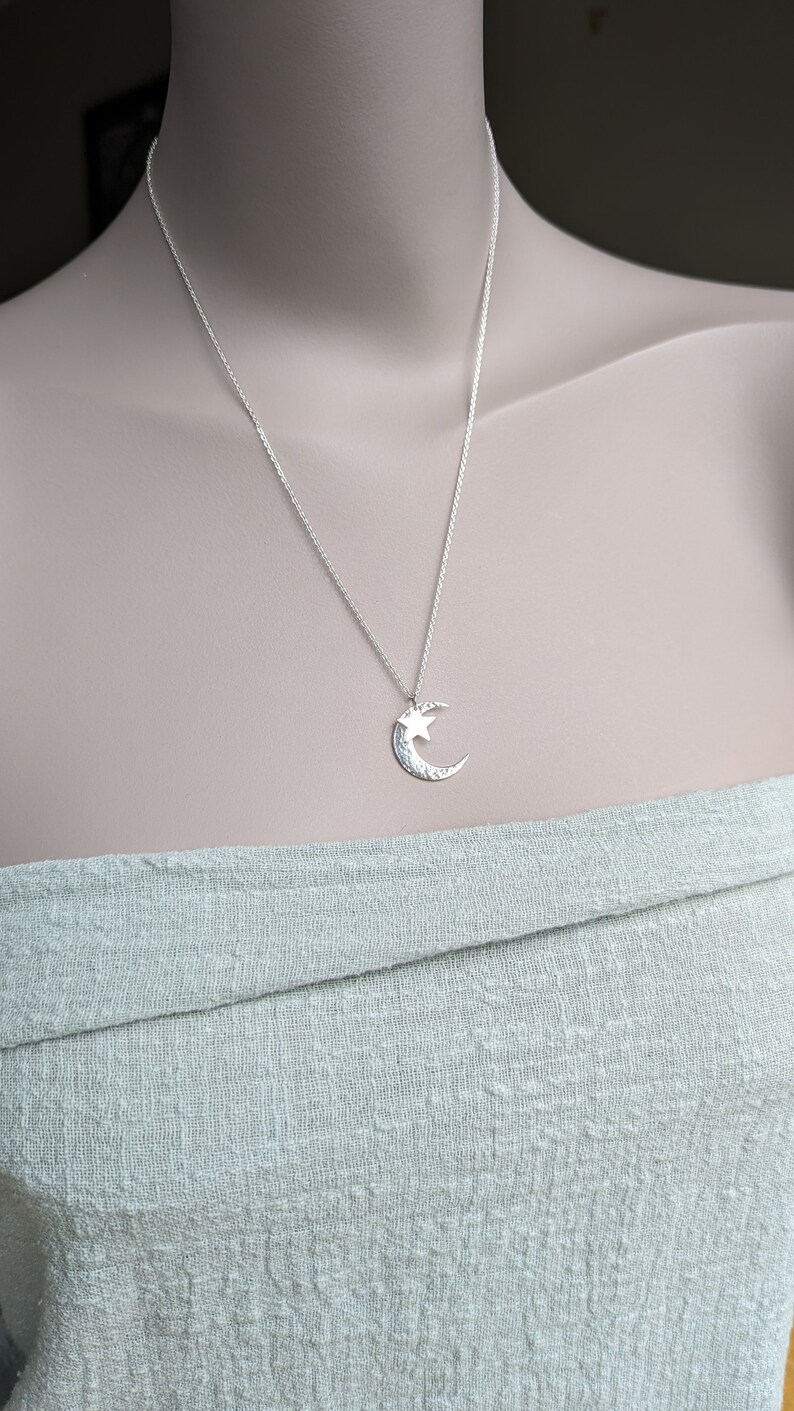 Hammered Moon & Star Necklace, Sterling Silver Crescent Moon Pendant ...