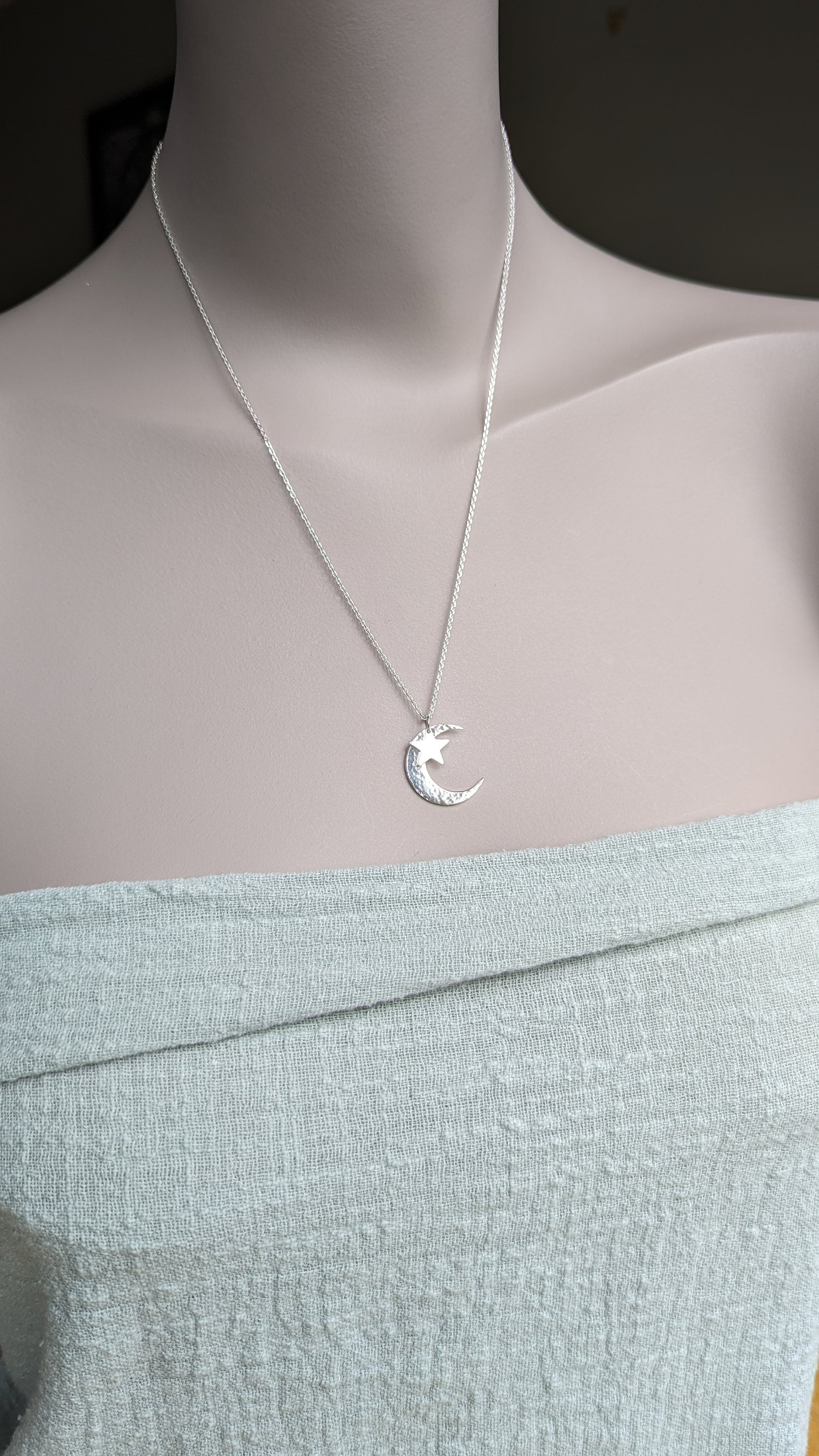Hammered Moon & Star Necklace, Sterling Silver Crescent Moon Pendant ...