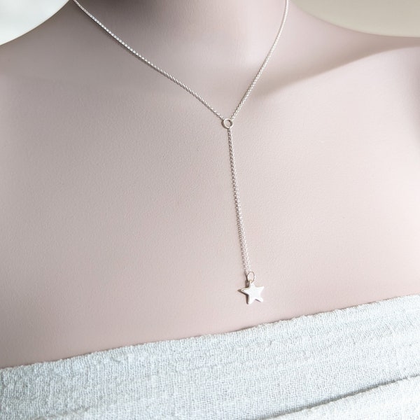 Silver lariat necklace, 925 sterling silver star pendant, long drop star necklace, modern Y pendant,  handmade in the UK