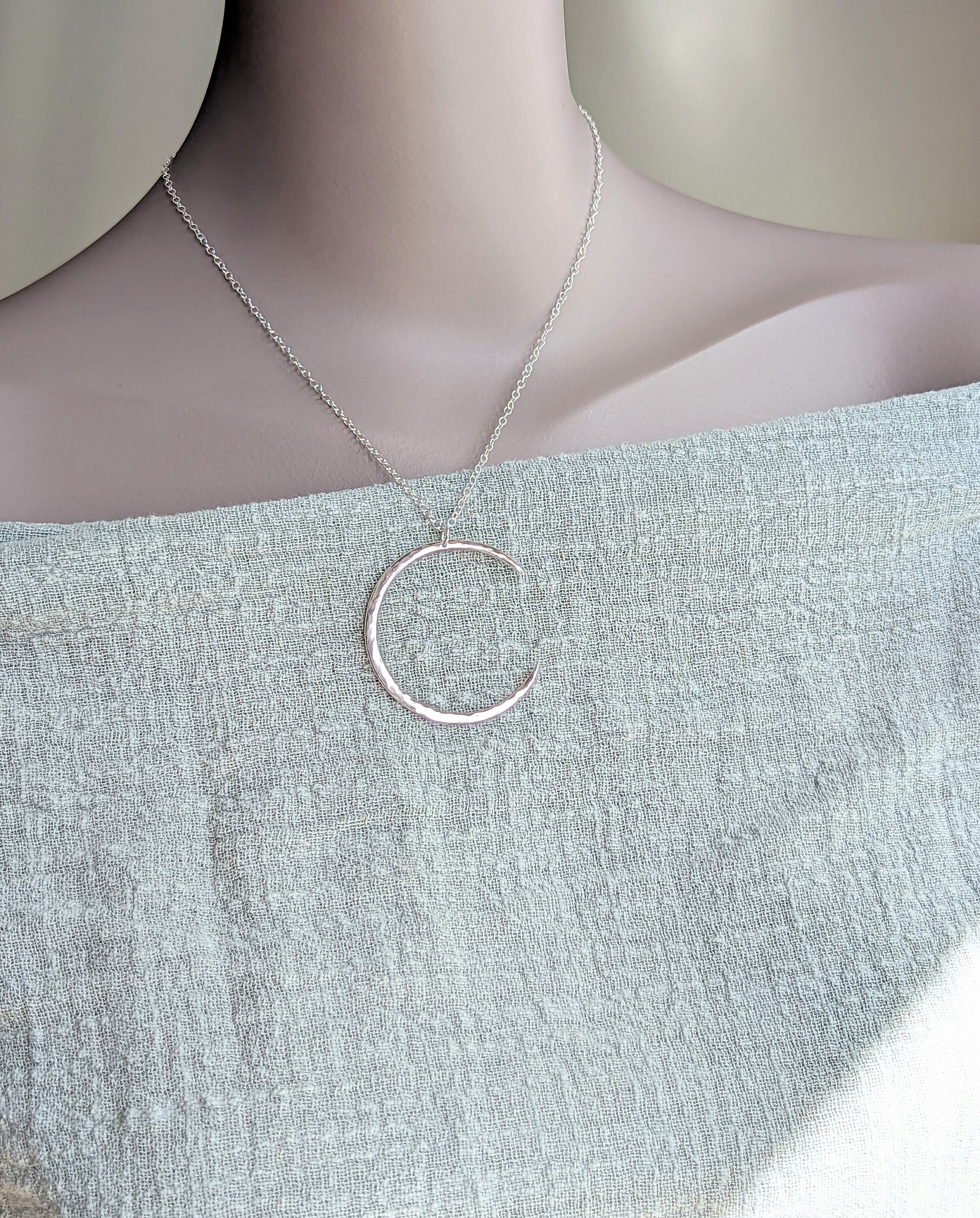 Sterling Silver Crescent Moon Necklace - Large 4 Cm Hammered Moon ...
